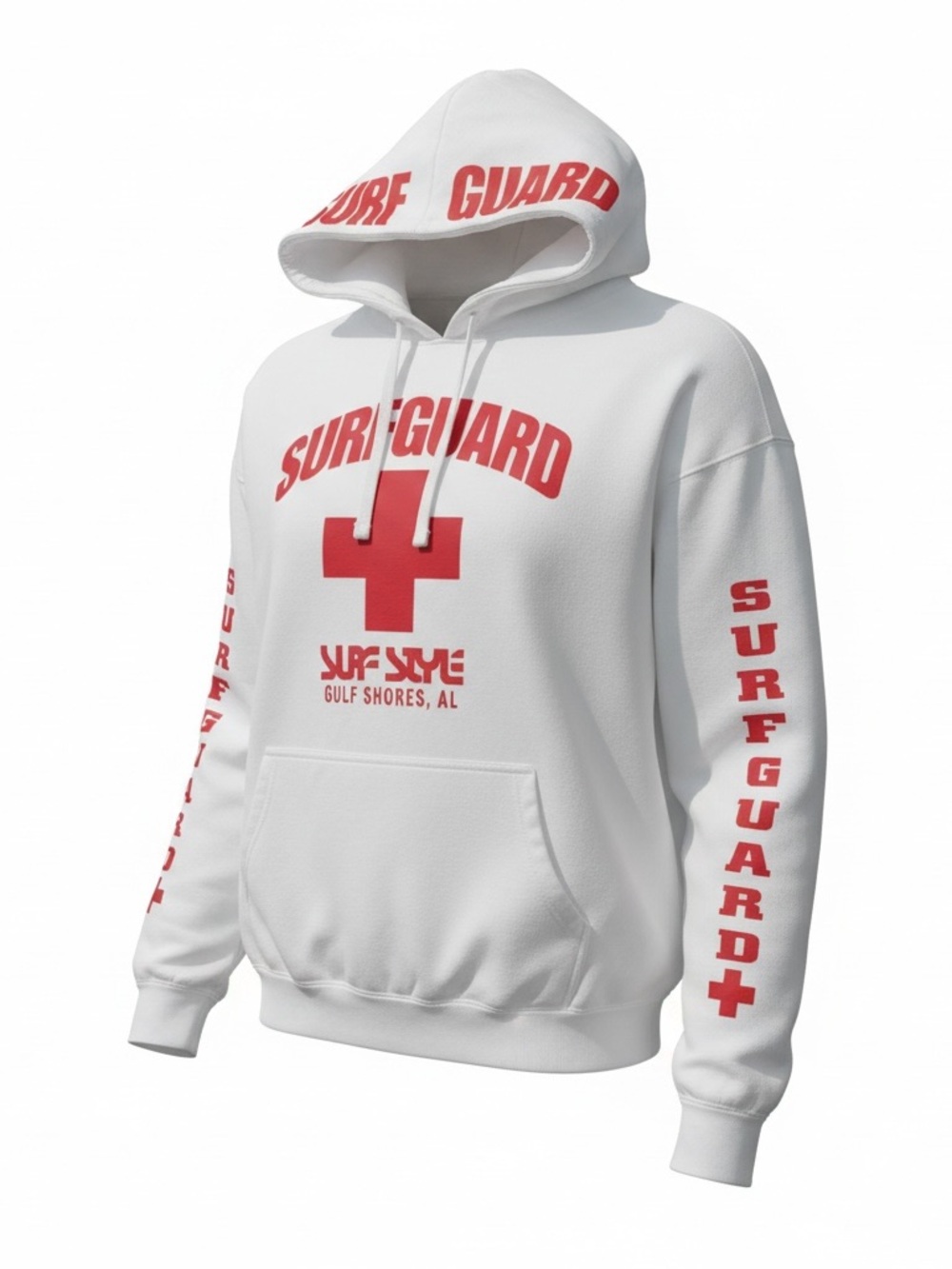 surf style White Hoodie with Red Surf Guard Graphics